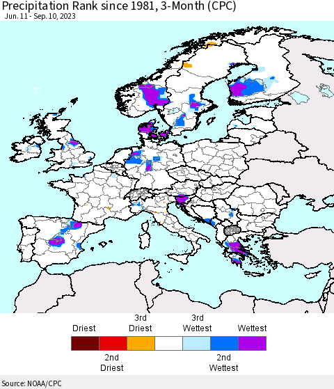 Europe Precipitation Rank since 1981, 3-Month (CPC) Thematic Map For 6/11/2023 - 9/10/2023