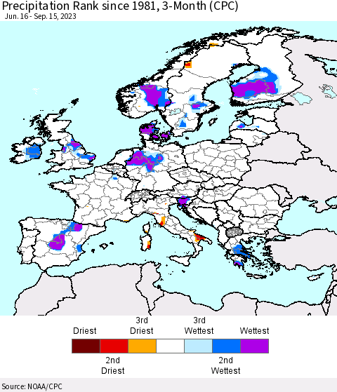 Europe Precipitation Rank since 1981, 3-Month (CPC) Thematic Map For 6/16/2023 - 9/15/2023