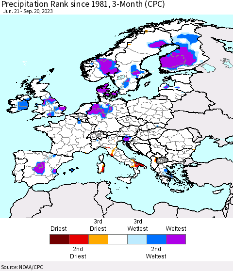 Europe Precipitation Rank since 1981, 3-Month (CPC) Thematic Map For 6/21/2023 - 9/20/2023