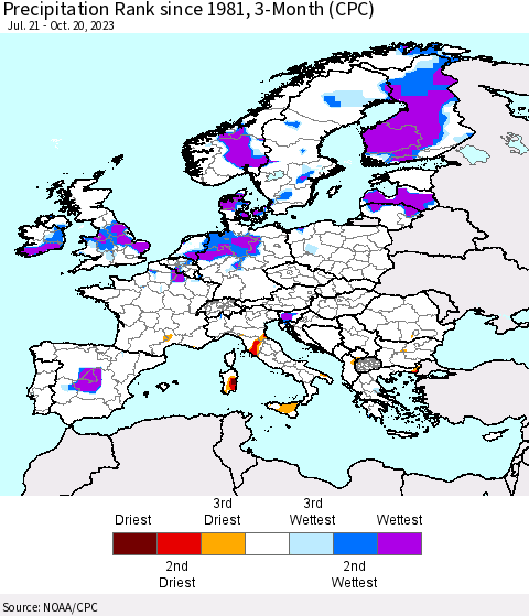 Europe Precipitation Rank since 1981, 3-Month (CPC) Thematic Map For 7/21/2023 - 10/20/2023