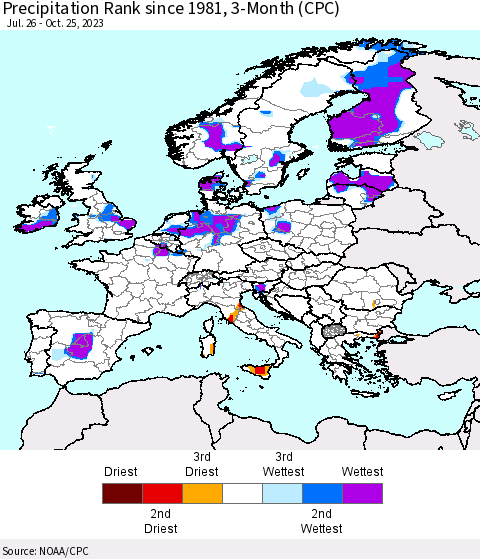 Europe Precipitation Rank since 1981, 3-Month (CPC) Thematic Map For 7/26/2023 - 10/25/2023