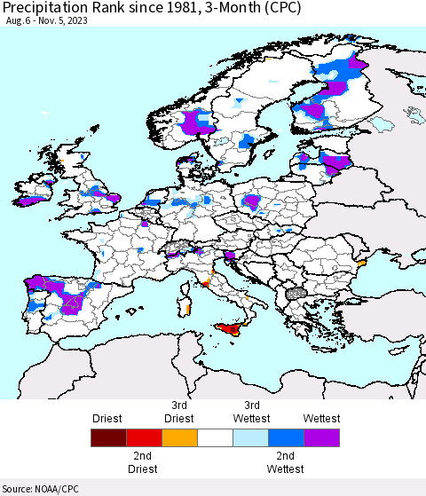 Europe Precipitation Rank since 1981, 3-Month (CPC) Thematic Map For 8/6/2023 - 11/5/2023