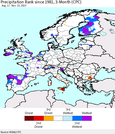 Europe Precipitation Rank since 1981, 3-Month (CPC) Thematic Map For 8/11/2023 - 11/10/2023