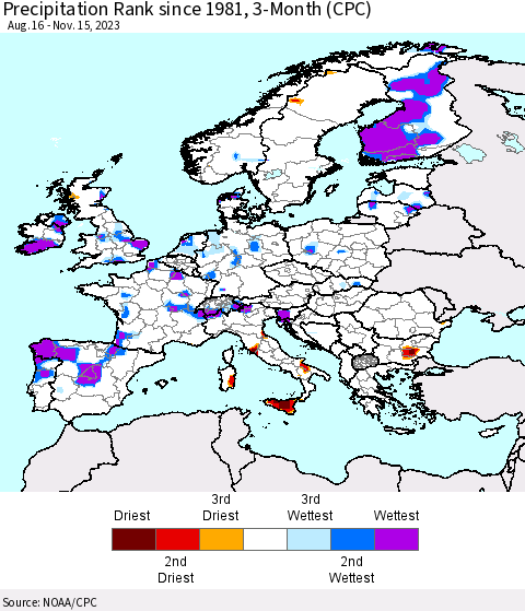 Europe Precipitation Rank since 1981, 3-Month (CPC) Thematic Map For 8/16/2023 - 11/15/2023