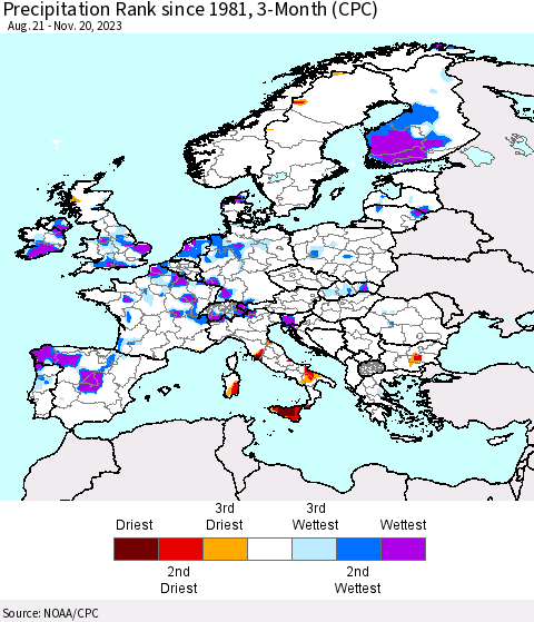 Europe Precipitation Rank since 1981, 3-Month (CPC) Thematic Map For 8/21/2023 - 11/20/2023