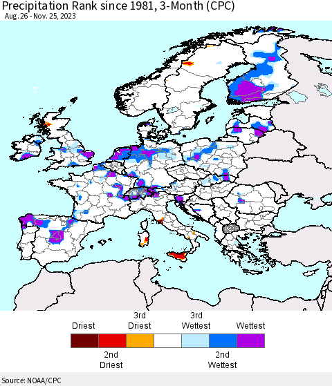 Europe Precipitation Rank since 1981, 3-Month (CPC) Thematic Map For 8/26/2023 - 11/25/2023