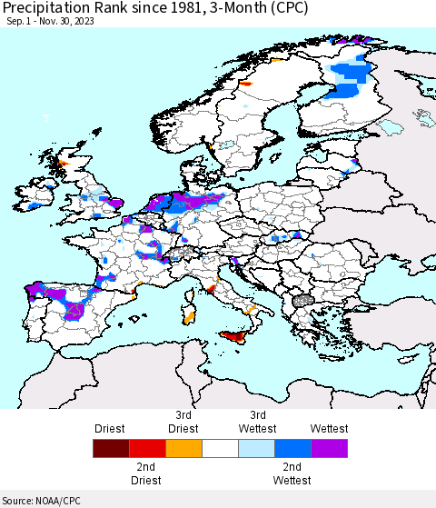 Europe Precipitation Rank since 1981, 3-Month (CPC) Thematic Map For 9/1/2023 - 11/30/2023