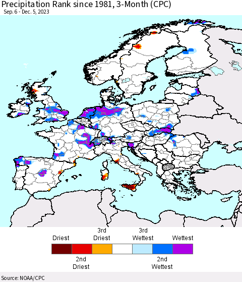 Europe Precipitation Rank since 1981, 3-Month (CPC) Thematic Map For 9/6/2023 - 12/5/2023