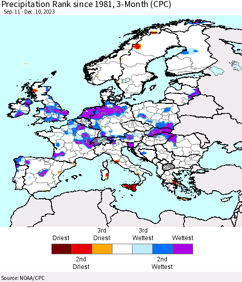 Europe Precipitation Rank since 1981, 3-Month (CPC) Thematic Map For 9/11/2023 - 12/10/2023