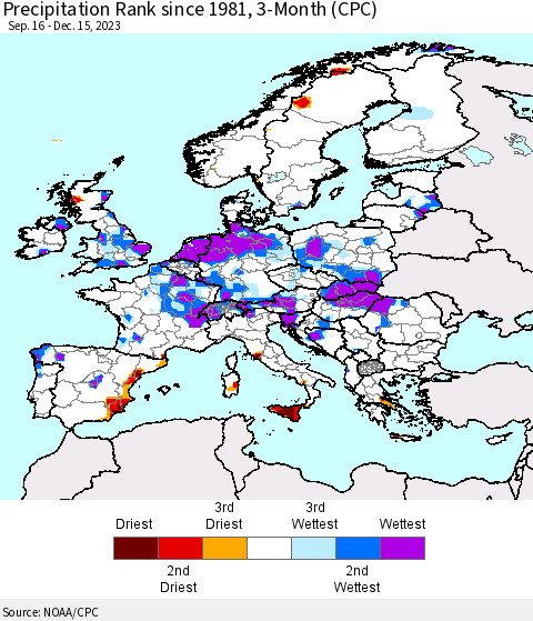 Europe Precipitation Rank since 1981, 3-Month (CPC) Thematic Map For 9/16/2023 - 12/15/2023