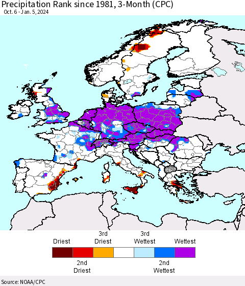Europe Precipitation Rank since 1981, 3-Month (CPC) Thematic Map For 10/6/2023 - 1/5/2024