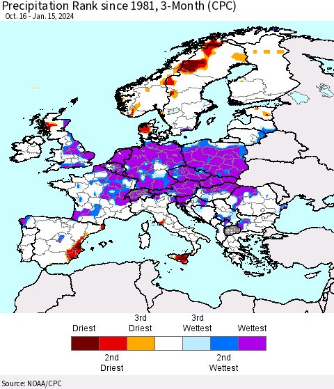 Europe Precipitation Rank since 1981, 3-Month (CPC) Thematic Map For 10/16/2023 - 1/15/2024