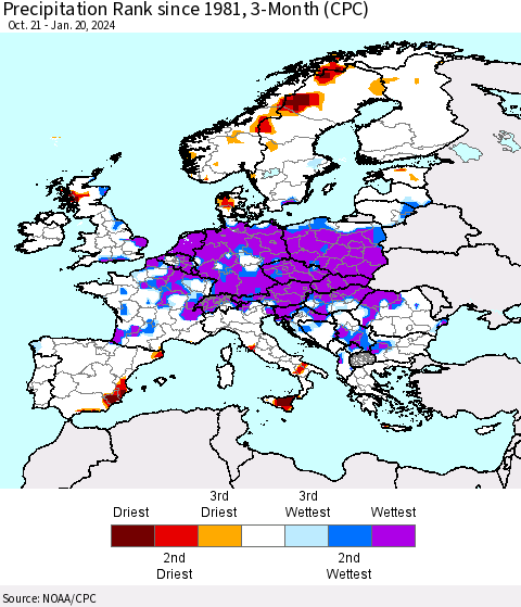 Europe Precipitation Rank since 1981, 3-Month (CPC) Thematic Map For 10/21/2023 - 1/20/2024