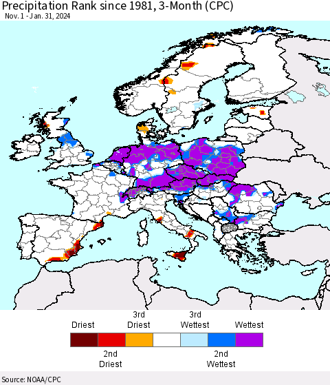 Europe Precipitation Rank since 1981, 3-Month (CPC) Thematic Map For 11/1/2023 - 1/31/2024