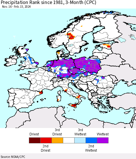 Europe Precipitation Rank since 1981, 3-Month (CPC) Thematic Map For 11/16/2023 - 2/15/2024
