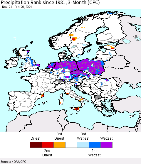 Europe Precipitation Rank since 1981, 3-Month (CPC) Thematic Map For 11/21/2023 - 2/20/2024