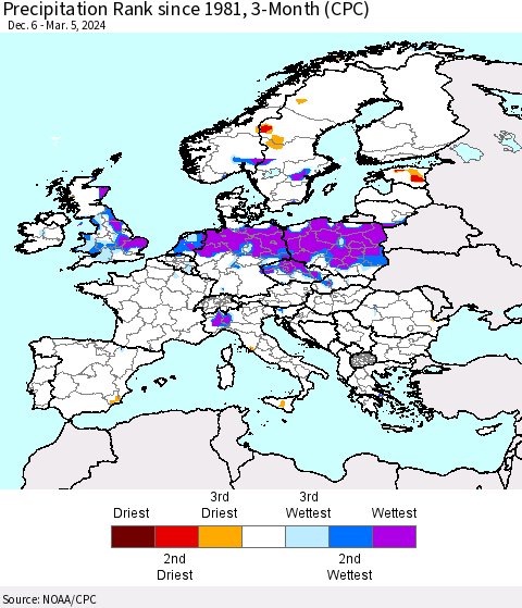Europe Precipitation Rank since 1981, 3-Month (CPC) Thematic Map For 12/6/2023 - 3/5/2024
