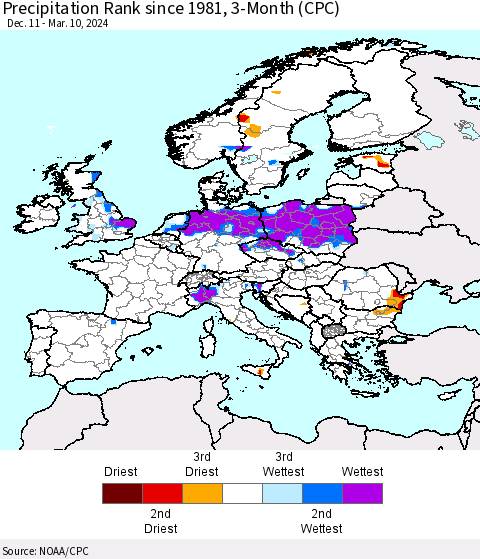 Europe Precipitation Rank since 1981, 3-Month (CPC) Thematic Map For 12/11/2023 - 3/10/2024