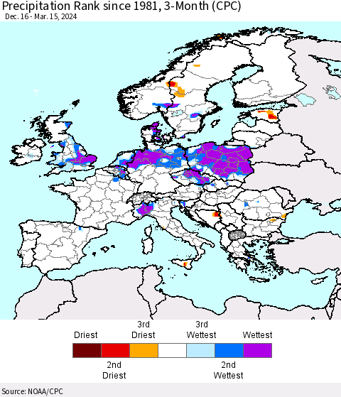 Europe Precipitation Rank since 1981, 3-Month (CPC) Thematic Map For 12/16/2023 - 3/15/2024
