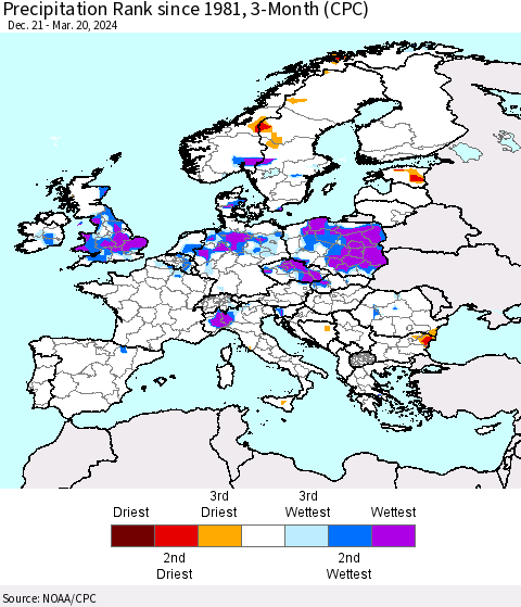 Europe Precipitation Rank since 1981, 3-Month (CPC) Thematic Map For 12/21/2023 - 3/20/2024