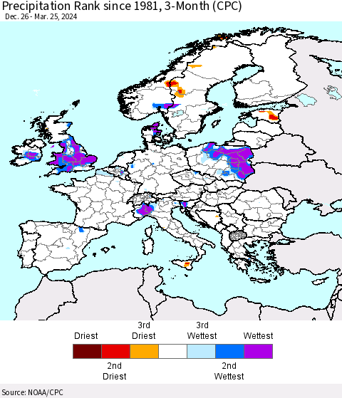 Europe Precipitation Rank since 1981, 3-Month (CPC) Thematic Map For 12/26/2023 - 3/25/2024