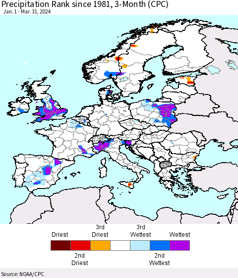 Europe Precipitation Rank since 1981, 3-Month (CPC) Thematic Map For 1/1/2024 - 3/31/2024