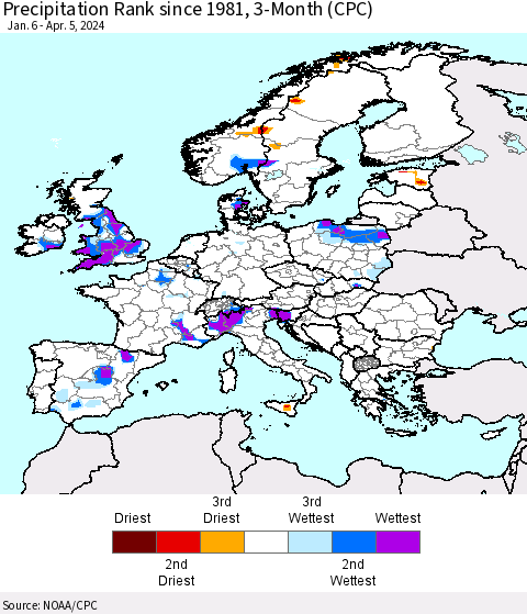 Europe Precipitation Rank since 1981, 3-Month (CPC) Thematic Map For 1/6/2024 - 4/5/2024