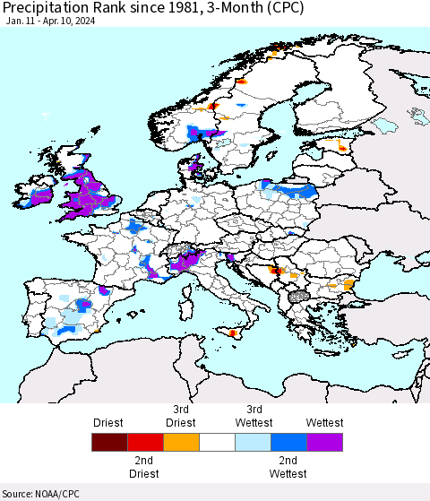 Europe Precipitation Rank since 1981, 3-Month (CPC) Thematic Map For 1/11/2024 - 4/10/2024