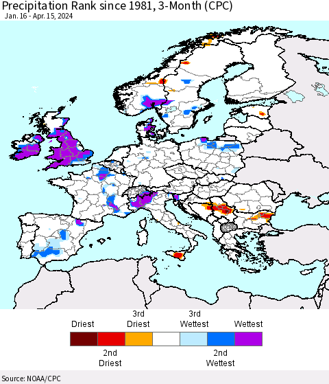 Europe Precipitation Rank since 1981, 3-Month (CPC) Thematic Map For 1/16/2024 - 4/15/2024