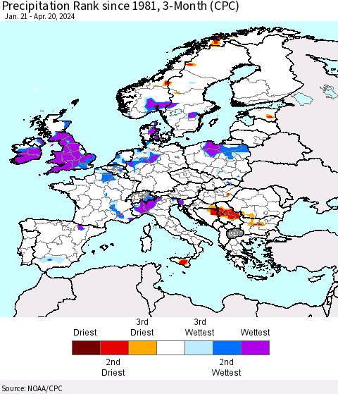 Europe Precipitation Rank since 1981, 3-Month (CPC) Thematic Map For 1/21/2024 - 4/20/2024