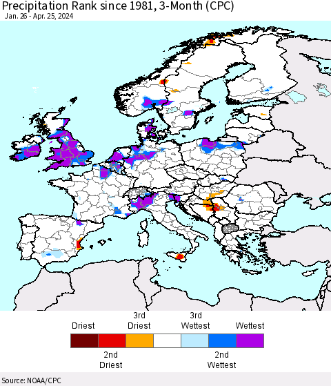 Europe Precipitation Rank since 1981, 3-Month (CPC) Thematic Map For 1/26/2024 - 4/25/2024