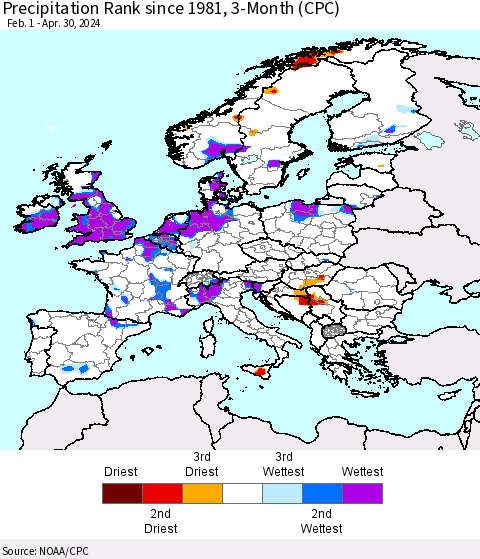 Europe Precipitation Rank since 1981, 3-Month (CPC) Thematic Map For 2/1/2024 - 4/30/2024