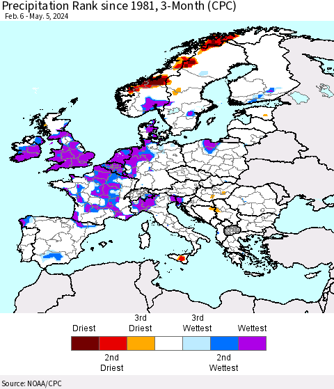 Europe Precipitation Rank since 1981, 3-Month (CPC) Thematic Map For 2/6/2024 - 5/5/2024
