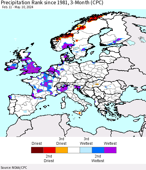 Europe Precipitation Rank since 1981, 3-Month (CPC) Thematic Map For 2/11/2024 - 5/10/2024