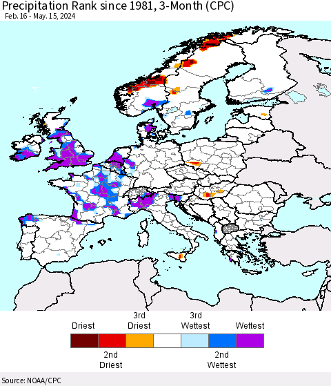 Europe Precipitation Rank since 1981, 3-Month (CPC) Thematic Map For 2/16/2024 - 5/15/2024