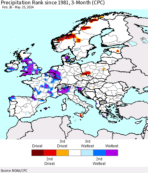 Europe Precipitation Rank since 1981, 3-Month (CPC) Thematic Map For 2/26/2024 - 5/25/2024