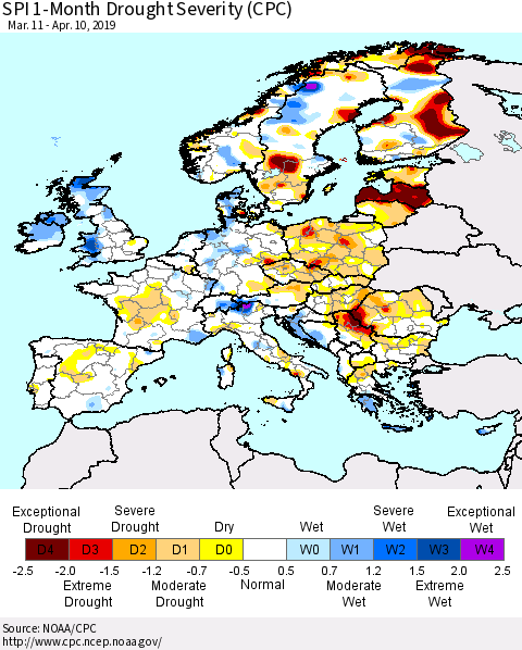 Europe SPI 1-Month Drought Severity (CPC) Thematic Map For 3/11/2019 - 4/10/2019