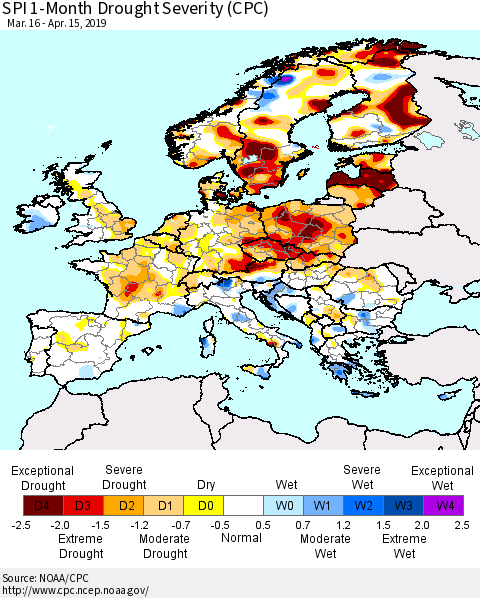 Europe SPI 1-Month Drought Severity (CPC) Thematic Map For 3/16/2019 - 4/15/2019