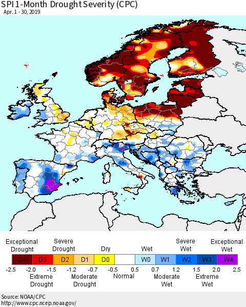 Europe SPI 1-Month Drought Severity (CPC) Thematic Map For 4/1/2019 - 4/30/2019