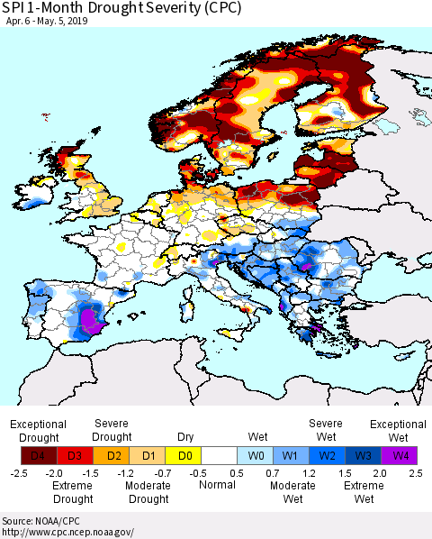 Europe SPI 1-Month Drought Severity (CPC) Thematic Map For 4/6/2019 - 5/5/2019