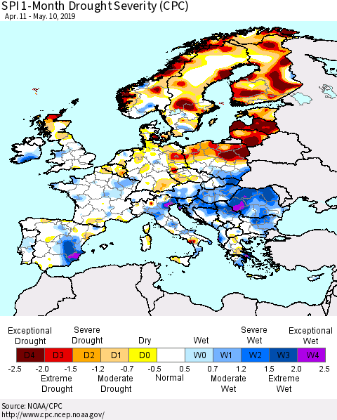 Europe SPI 1-Month Drought Severity (CPC) Thematic Map For 4/11/2019 - 5/10/2019