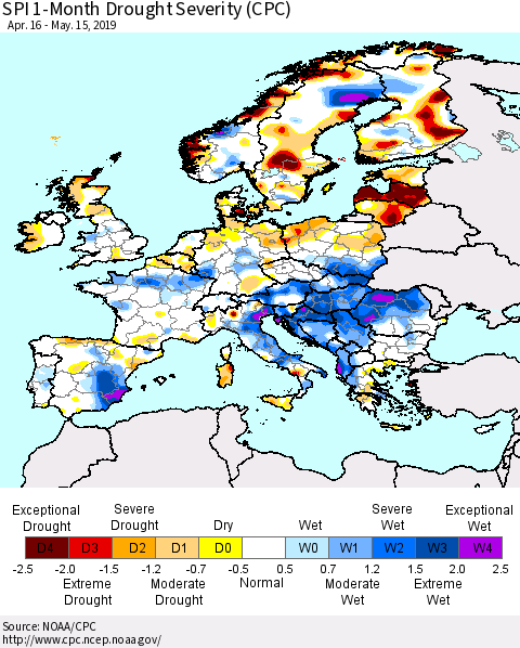 Europe SPI 1-Month Drought Severity (CPC) Thematic Map For 4/16/2019 - 5/15/2019