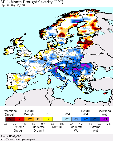 Europe SPI 1-Month Drought Severity (CPC) Thematic Map For 4/21/2019 - 5/20/2019