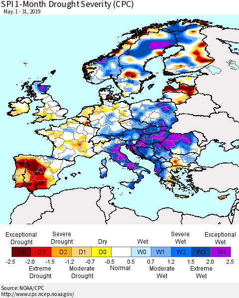 Europe SPI 1-Month Drought Severity (CPC) Thematic Map For 5/1/2019 - 5/31/2019