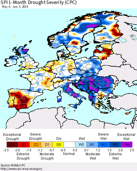 Europe SPI 1-Month Drought Severity (CPC) Thematic Map For 5/6/2019 - 6/5/2019