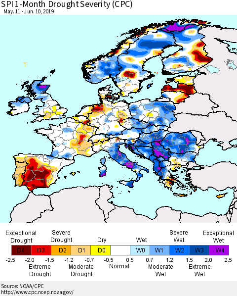 Europe SPI 1-Month Drought Severity (CPC) Thematic Map For 5/11/2019 - 6/10/2019