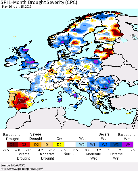 Europe SPI 1-Month Drought Severity (CPC) Thematic Map For 5/16/2019 - 6/15/2019