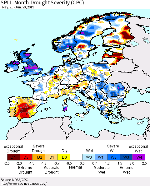 Europe SPI 1-Month Drought Severity (CPC) Thematic Map For 5/21/2019 - 6/20/2019