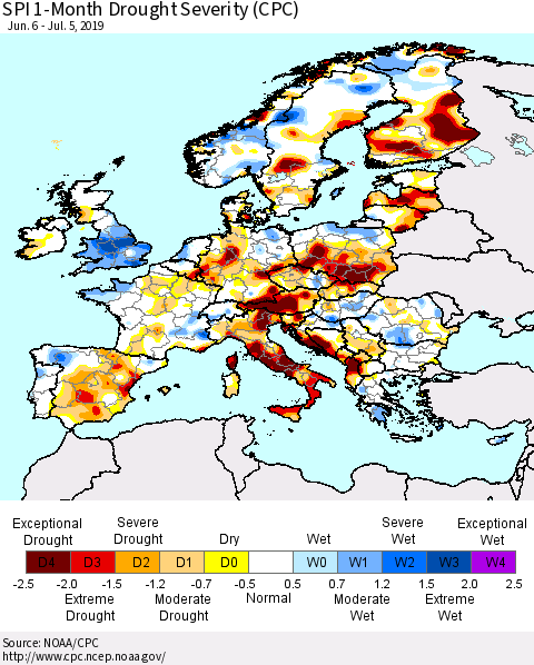 Europe SPI 1-Month Drought Severity (CPC) Thematic Map For 6/6/2019 - 7/5/2019