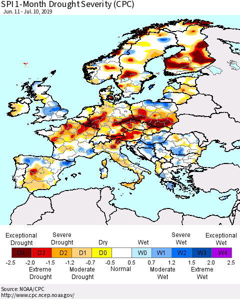 Europe SPI 1-Month Drought Severity (CPC) Thematic Map For 6/11/2019 - 7/10/2019